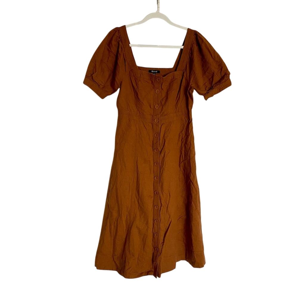 Madewell Square Neck Seamed Fitted Bodice Puff Sleeve Pocket Midi A-line Dress